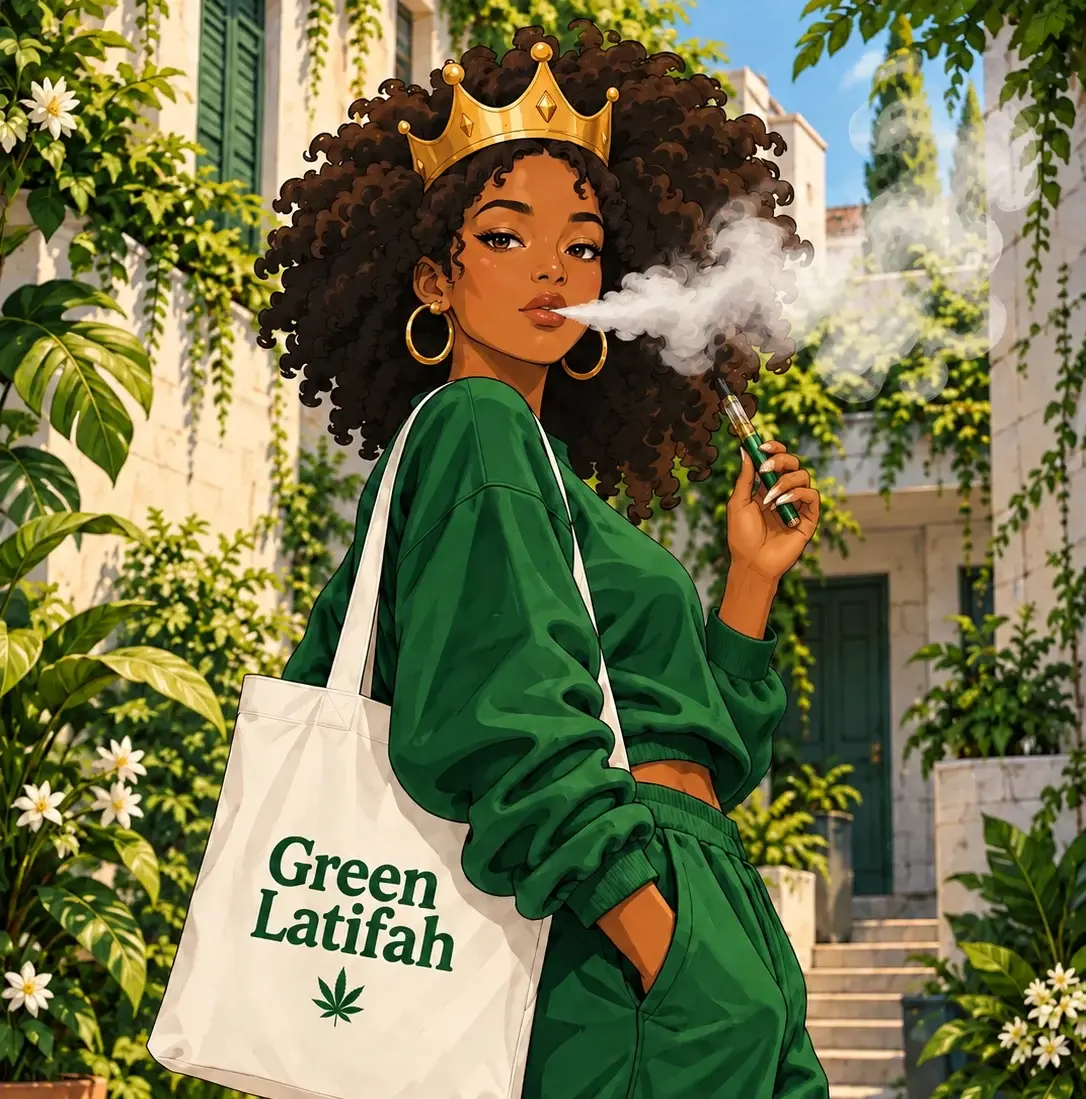 Green Latifah wearing green and carrying her everyday tote